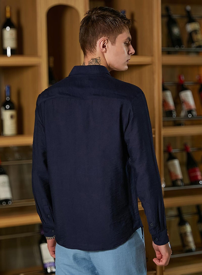 Campus Sutra Men's Navy Blue Breezy Wrinked Shirt  - Image 5