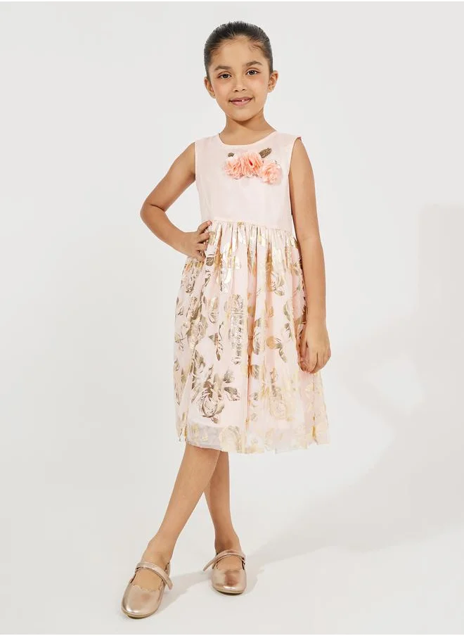 Styli Foil Print Dress with Flower Corsage