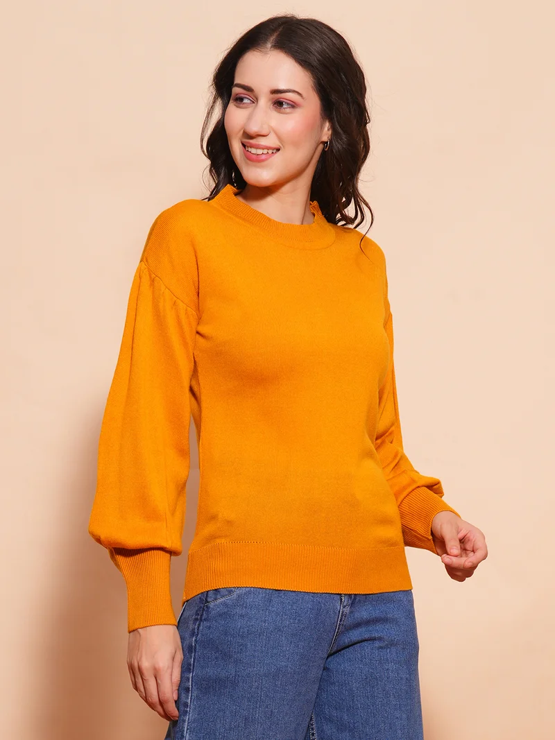 globus Globus Women Cotton Bishop Sleeves Ribbed Hem Flat Knitted Pullover Sweater