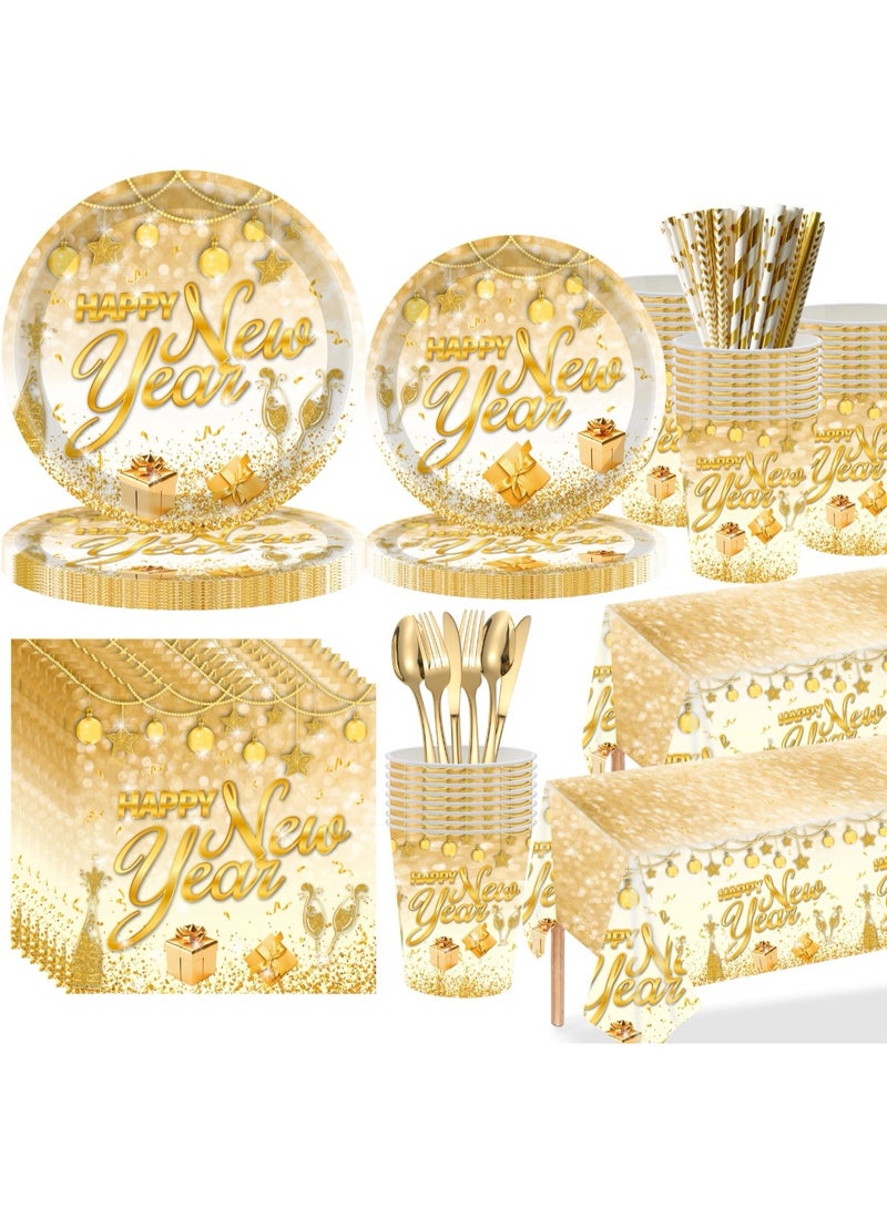 142 PCS Happy New Year Party Tableware Set, New Year's Eve Table Decoration, Tablecloth, Napkins, Paper Cups, Straws,Paper Plates,Spoons, Forks, Knives, White Gold for Happy New Year - Image 1
