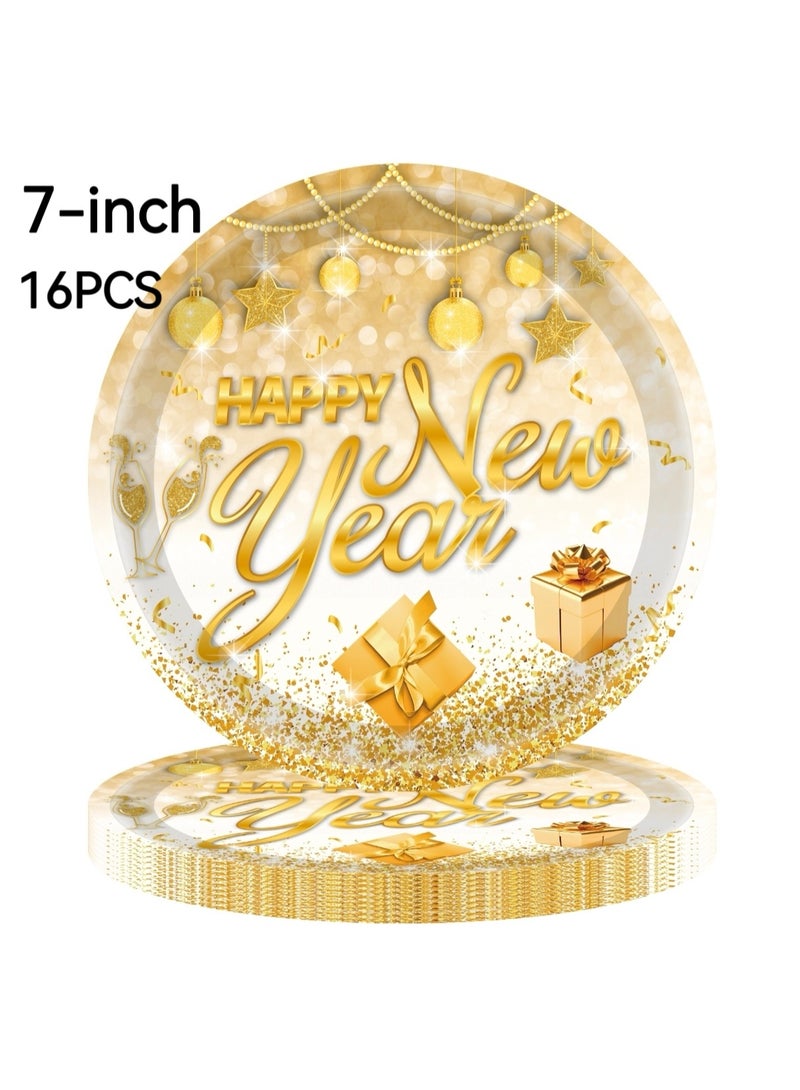 142 PCS Happy New Year Party Tableware Set, New Year's Eve Table Decoration, Tablecloth, Napkins, Paper Cups, Straws,Paper Plates,Spoons, Forks, Knives, White Gold for Happy New Year - Image 2
