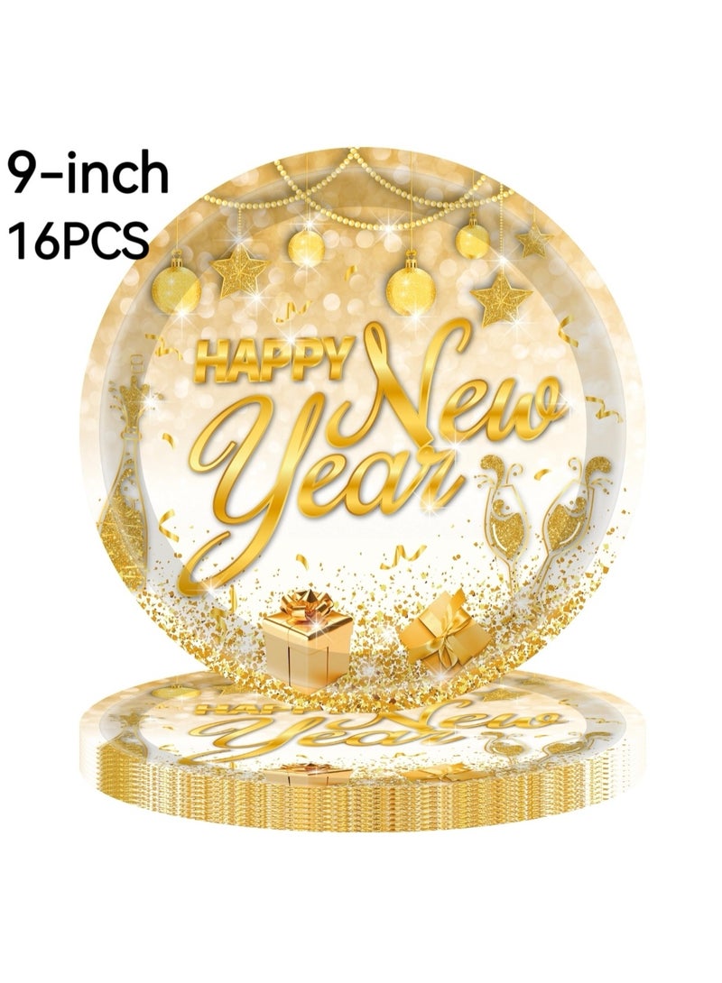 142 PCS Happy New Year Party Tableware Set, New Year's Eve Table Decoration, Tablecloth, Napkins, Paper Cups, Straws,Paper Plates,Spoons, Forks, Knives, White Gold for Happy New Year - Image 3