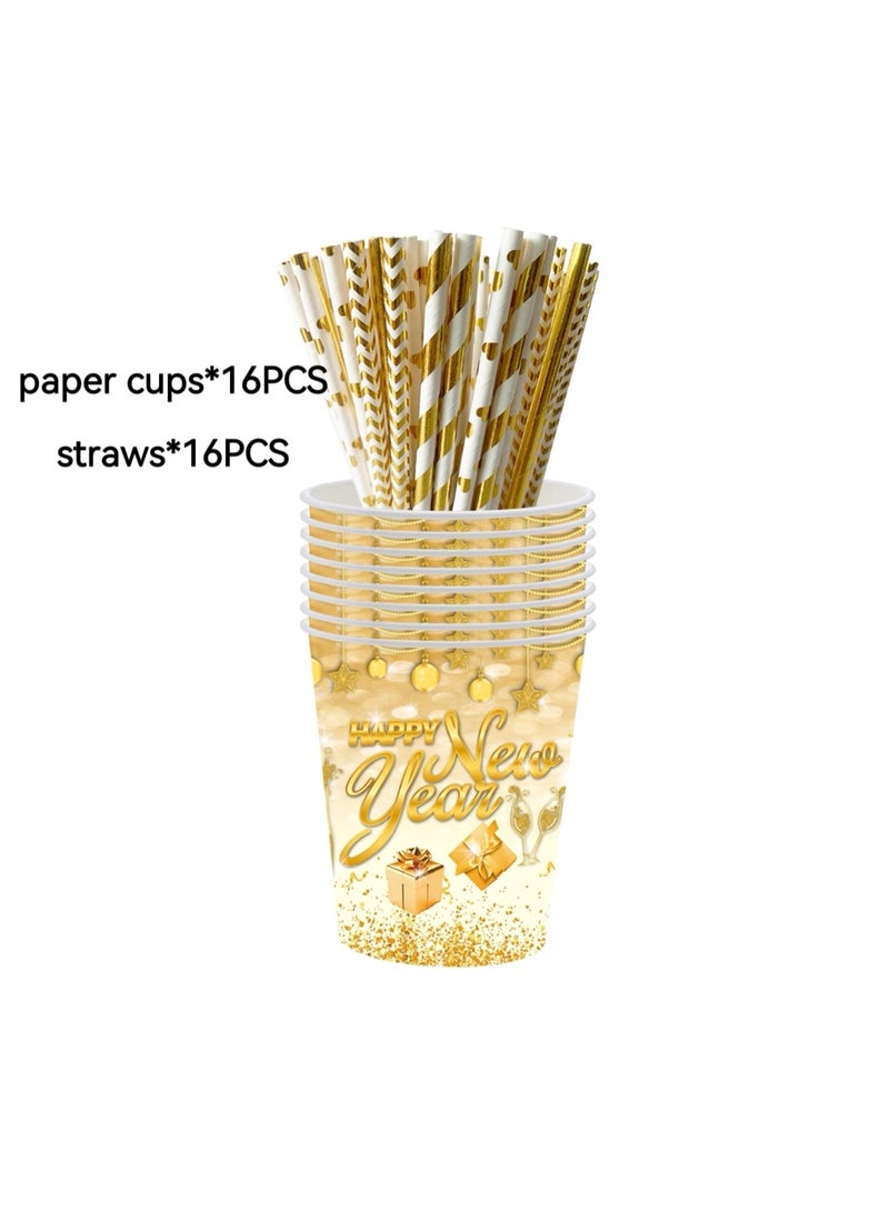 142 PCS Happy New Year Party Tableware Set, New Year's Eve Table Decoration, Tablecloth, Napkins, Paper Cups, Straws,Paper Plates,Spoons, Forks, Knives, White Gold for Happy New Year - Image 4