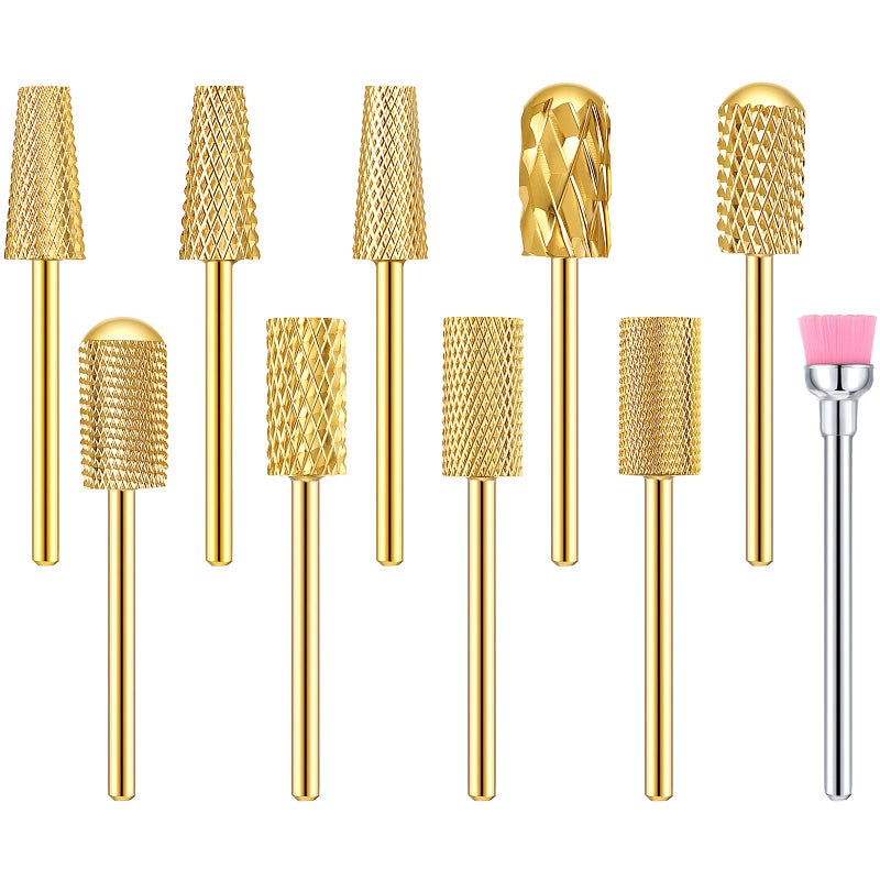 Honoson 10 Pcs Nail Drill Bits Set 332 Inch Cuticle Tungsten Carbide Bits for Nail Tech File Remove Acrylic Gel Polish Manicure Pedicure Tools for Salon Home SuppliesGold