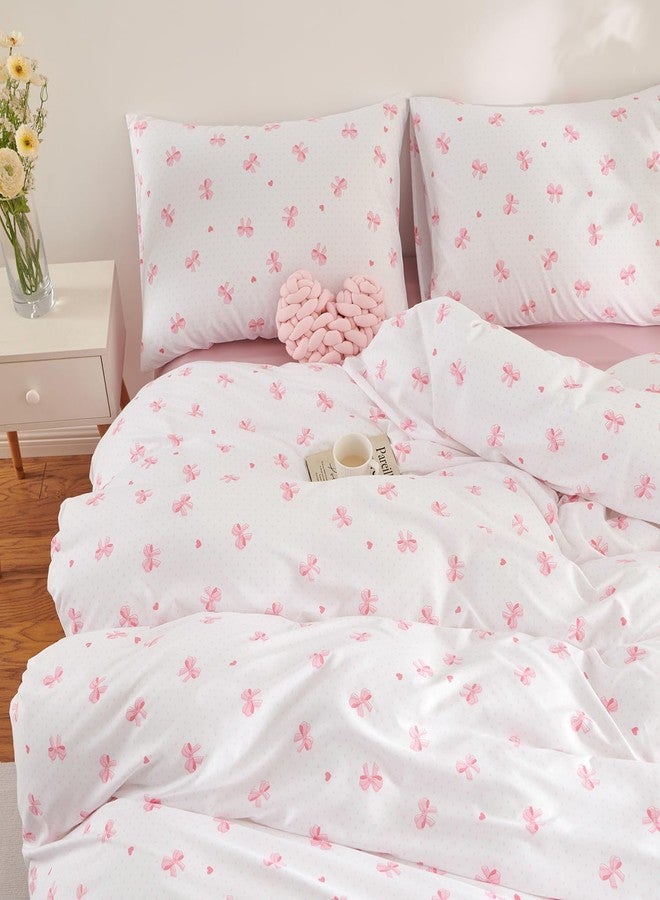 Nayoroom Pink Bow Comforter Set Queen Size Girls Cute Heart Patterned Dorm Bedding Set 3 Pieces Soft Breathable Cooling Cotton Comforter for All Seasons, Coquette Style - Image 3