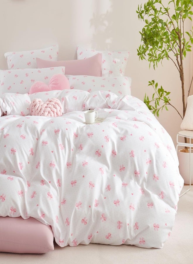Nayoroom Pink Bow Comforter Set Queen Size Girls Cute Heart Patterned Dorm Bedding Set 3 Pieces Soft Breathable Cooling Cotton Comforter for All Seasons, Coquette Style - Image 2