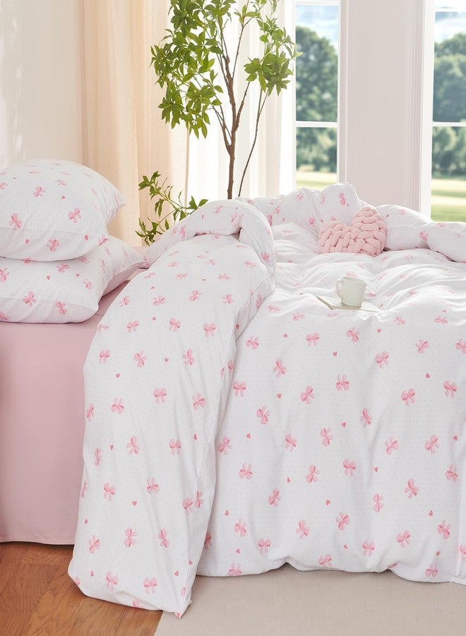 Nayoroom Pink Bow Comforter Set Queen Size Girls Cute Heart Patterned Dorm Bedding Set 3 Pieces Soft Breathable Cooling Cotton Comforter for All Seasons, Coquette Style - Image 5