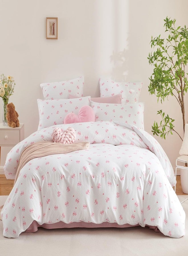 Nayoroom Pink Bow Comforter Set Queen Size Girls Cute Heart Patterned Dorm Bedding Set 3 Pieces Soft Breathable Cooling Cotton Comforter for All Seasons, Coquette Style - Image 1