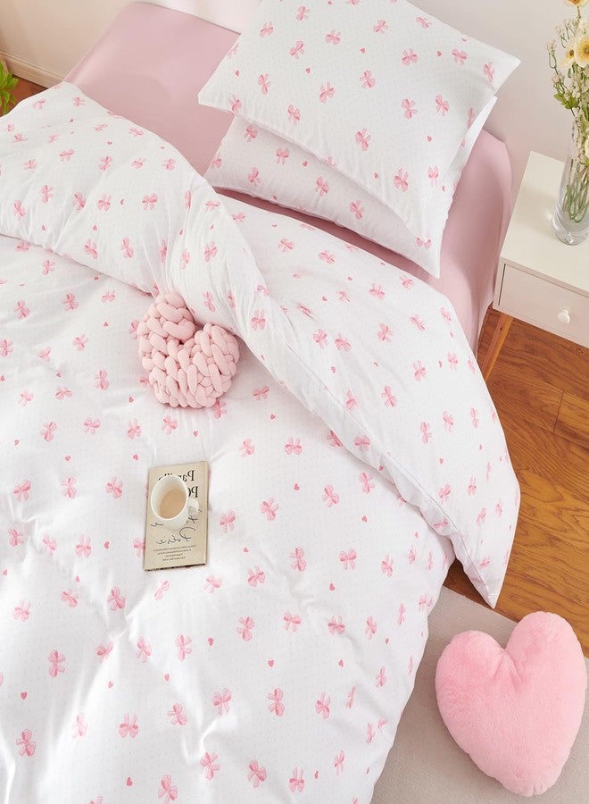Nayoroom Pink Bow Comforter Set Queen Size Girls Cute Heart Patterned Dorm Bedding Set 3 Pieces Soft Breathable Cooling Cotton Comforter for All Seasons, Coquette Style - Image 4