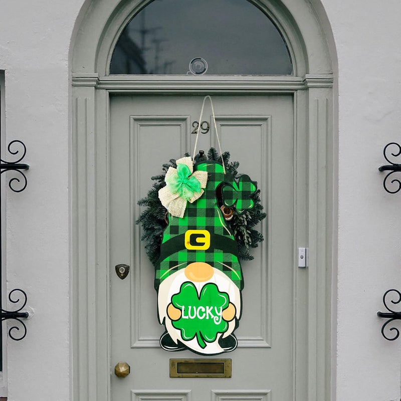 Sggvecsy 17.7’’ St Patrick's Day Wooden Sign Buffalo Plaid Irish Gnome Hanging Door Decor with Burlap Bow Shamrock Lucky Clover Hanging Rustic Wood Sign for Home Front Door Wall Window Porch Decor - Image 1