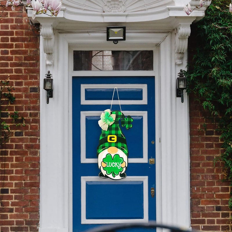 Sggvecsy 17.7’’ St Patrick's Day Wooden Sign Buffalo Plaid Irish Gnome Hanging Door Decor with Burlap Bow Shamrock Lucky Clover Hanging Rustic Wood Sign for Home Front Door Wall Window Porch Decor - Image 4