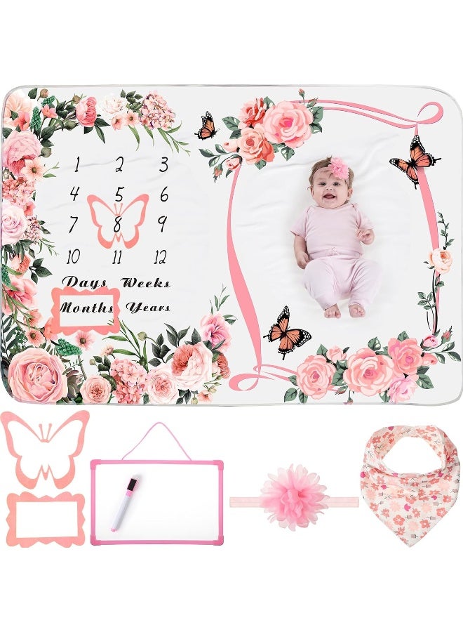 Chumia Chumia 6 Pcs Monthly Baby Milestone Blanket for Girl Boy Set Newborn Growth Chart Blanket with Bandana Frame Headband - Image 1