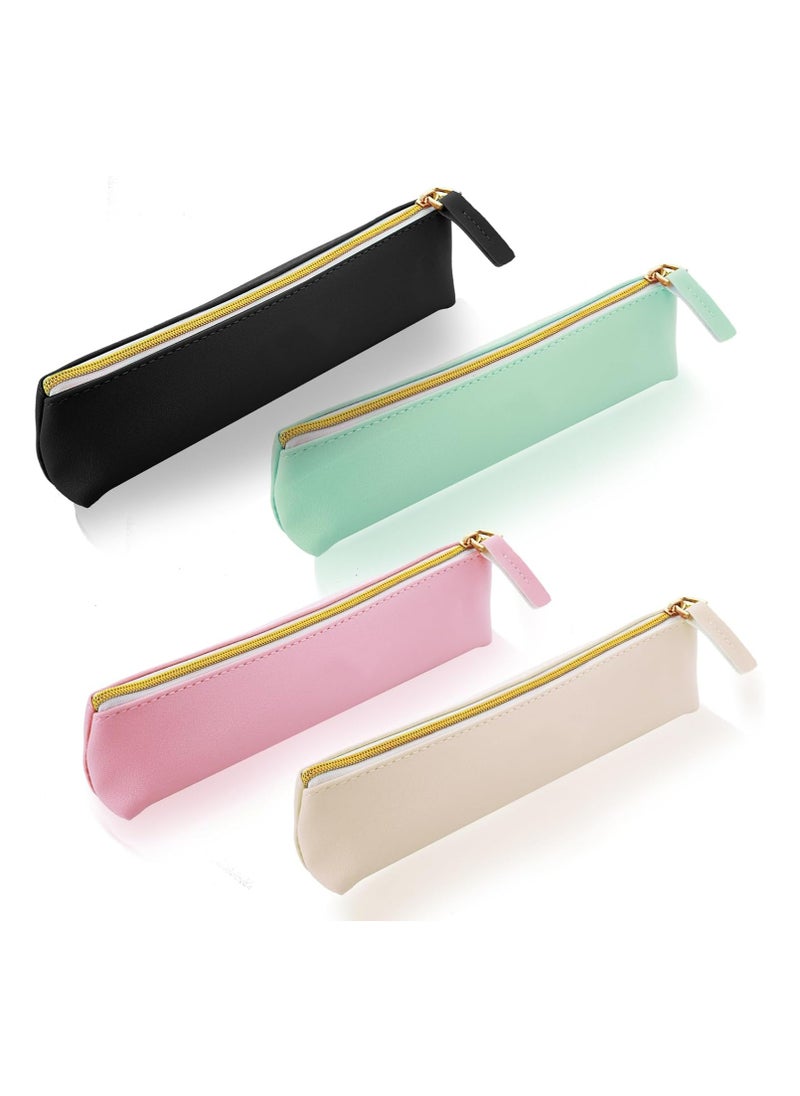 Oasisgalore 4PCS Leather Pen Pouch - Slim Zipper Pencil Case for Stationery & Cosmetics (4 Colors)  - Image 1