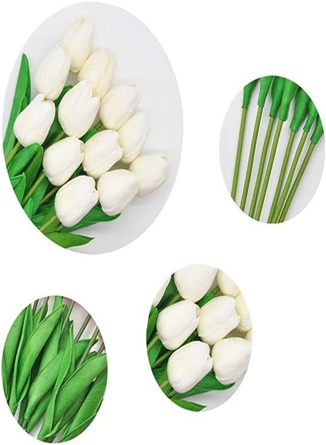 SHINE-CO LIGHTING PU Fake Tulips Real Touch Artificial Flowers 10Pcs Flower Arrangement Bouquet for Home Office Wedding Decoration (White) - Image 3