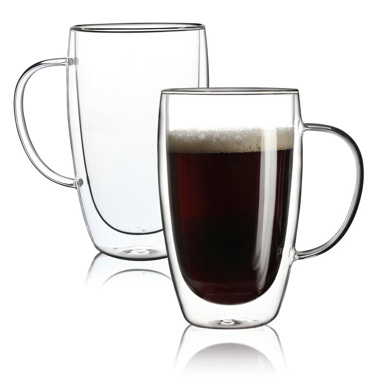 Aurzen 2 Pack Double Walled Glass Coffee Mugs with Handles, Large Insulated Layer Coffee Cups, 15oz Clear Borosilicate Mugs, Perfect for Cappuccino, Tea, Microwave Safe - Image 1