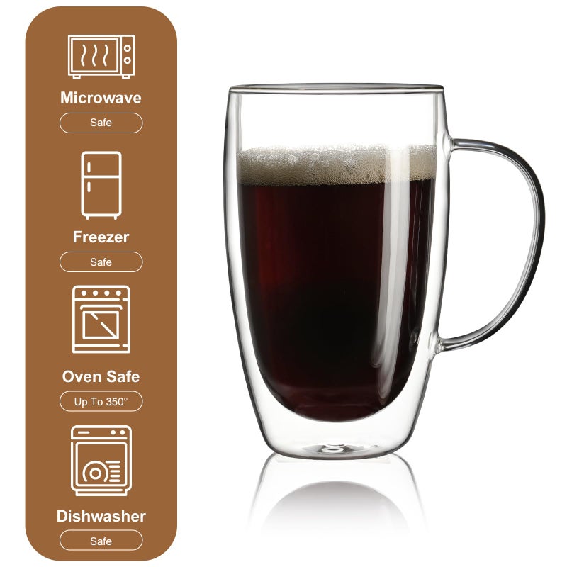 Aurzen 2 Pack Double Walled Glass Coffee Mugs with Handles, Large Insulated Layer Coffee Cups, 15oz Clear Borosilicate Mugs, Perfect for Cappuccino, Tea, Microwave Safe - Image 5