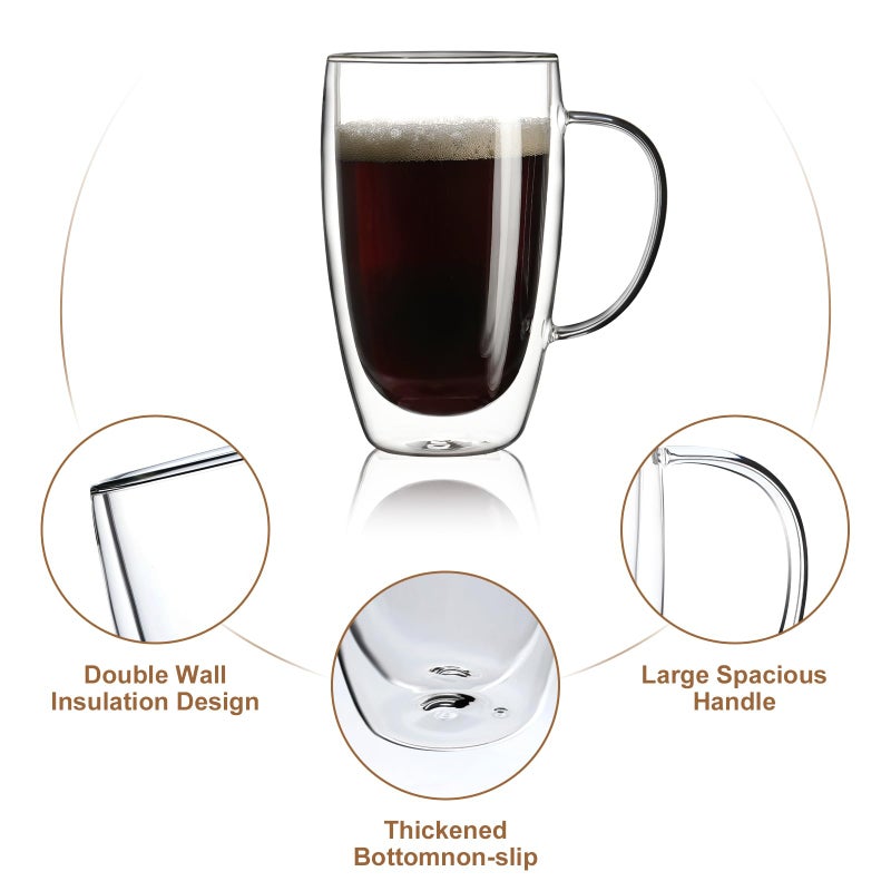 Aurzen 2 Pack Double Walled Glass Coffee Mugs with Handles, Large Insulated Layer Coffee Cups, 15oz Clear Borosilicate Mugs, Perfect for Cappuccino, Tea, Microwave Safe - Image 4