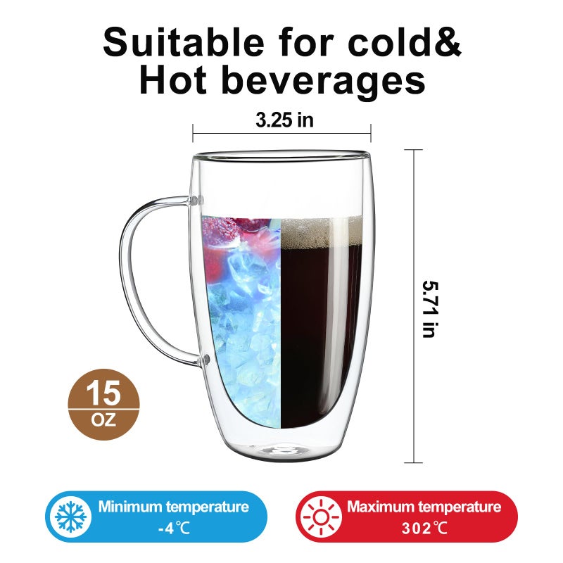 Aurzen 2 Pack Double Walled Glass Coffee Mugs with Handles, Large Insulated Layer Coffee Cups, 15oz Clear Borosilicate Mugs, Perfect for Cappuccino, Tea, Microwave Safe - Image 2