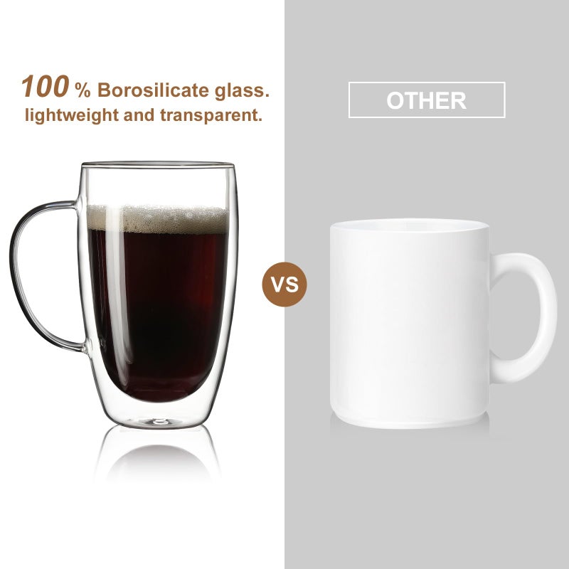 Aurzen 2 Pack Double Walled Glass Coffee Mugs with Handles, Large Insulated Layer Coffee Cups, 15oz Clear Borosilicate Mugs, Perfect for Cappuccino, Tea, Microwave Safe - Image 3