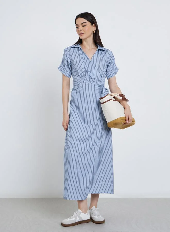 Take Two Take Two Striped Shirt Style V Neck Midi Dress