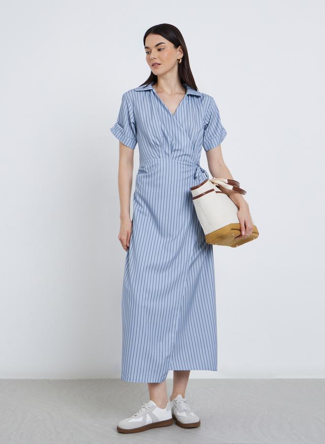 Take Two Striped Shirt Style V Neck Midi Dress - Image 2