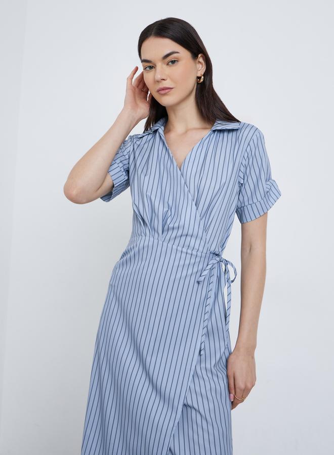 Take Two Striped Shirt Style V Neck Midi Dress - Image 1