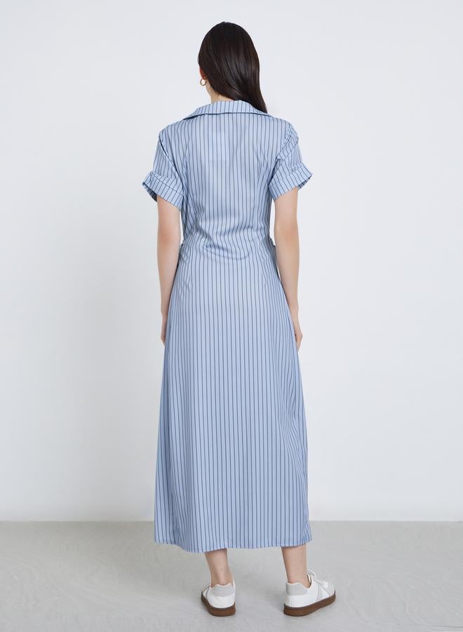 Take Two Striped Shirt Style V Neck Midi Dress - Image 5