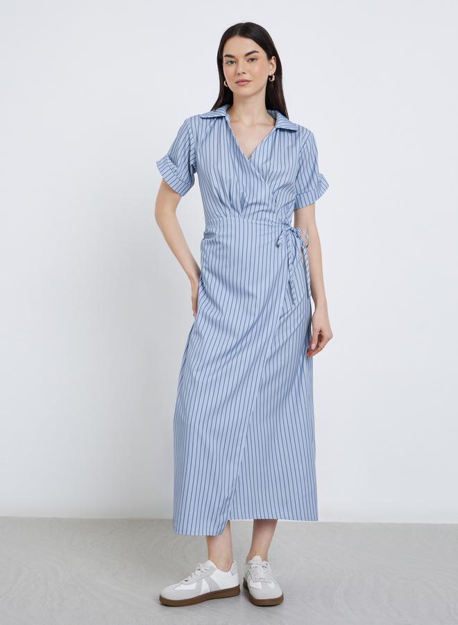 Take Two Striped Shirt Style V Neck Midi Dress - Image 3