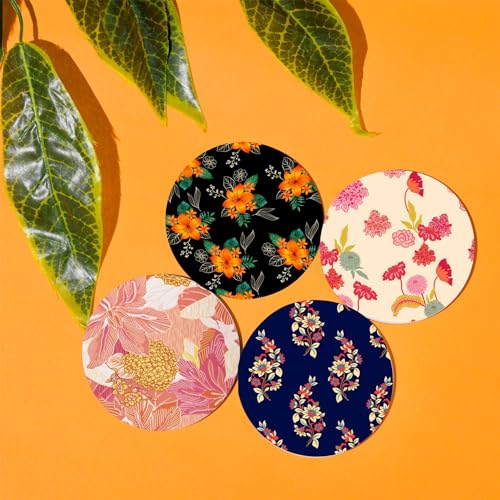 TAJNAN Printed Coaster Set of 6 Beautiful Wooden Coasters Plastic Coating Designer Coaster Stand Set Fit for Tea Cups,Coffee Mugs & Glasses (Round 4x4 Inch) (TAJ-Round-Coaster-Flower) - Image 2