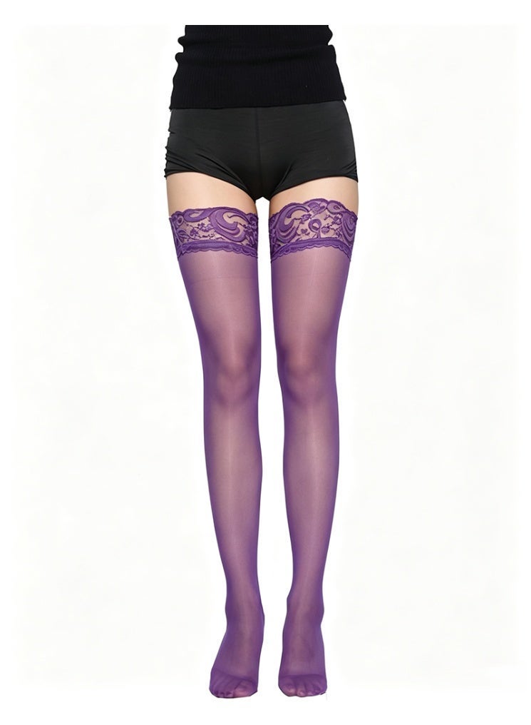 Layali Women Lace Top Thigh High Hold Up Stockings, Ultra Sheer Transparent Wide Lace Cuff Long Hosiery, High Stretch One Size Slimming Thigh Socks - Purple - Image 1
