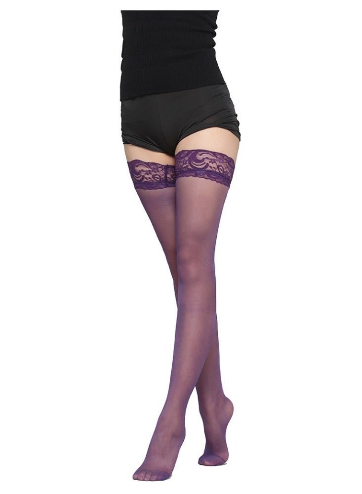 Layali Women Lace Top Thigh High Hold Up Stockings, Ultra Sheer Transparent Wide Lace Cuff Long Hosiery, High Stretch One Size Slimming Thigh Socks - Purple - Image 2