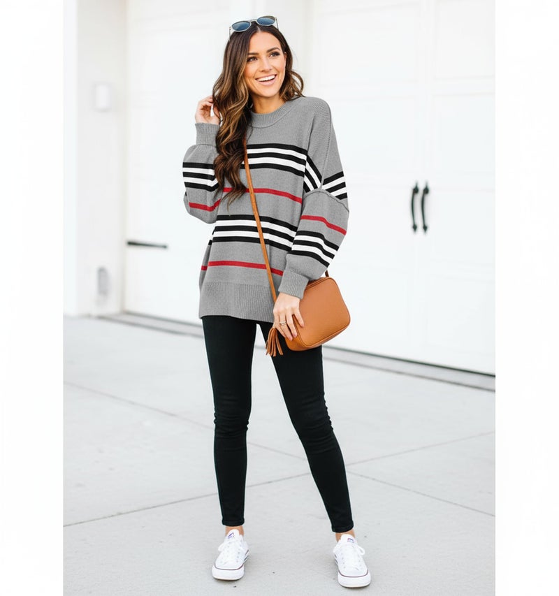 ETCYY Womens Sweaters Fall 2026 Batwing Long Sleeve Side Slit Knit Tops Crew Neck Striped Oversized Sweater Pullover,Color Gray,Large - Image 5