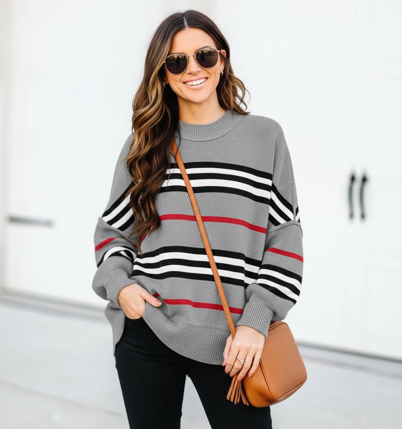 ETCYY Womens Sweaters Fall 2026 Batwing Long Sleeve Side Slit Knit Tops Crew Neck Striped Oversized Sweater Pullover,Color Gray,Large - Image 3