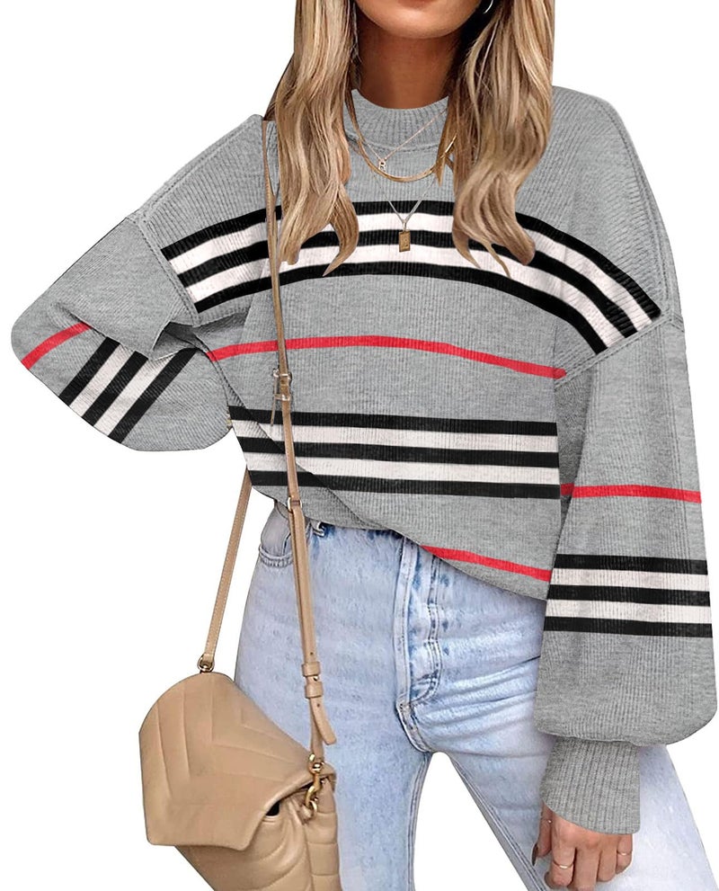 ETCYY Womens Sweaters Fall 2026 Batwing Long Sleeve Side Slit Knit Tops Crew Neck Striped Oversized Sweater Pullover,Color Gray,Large - Image 1