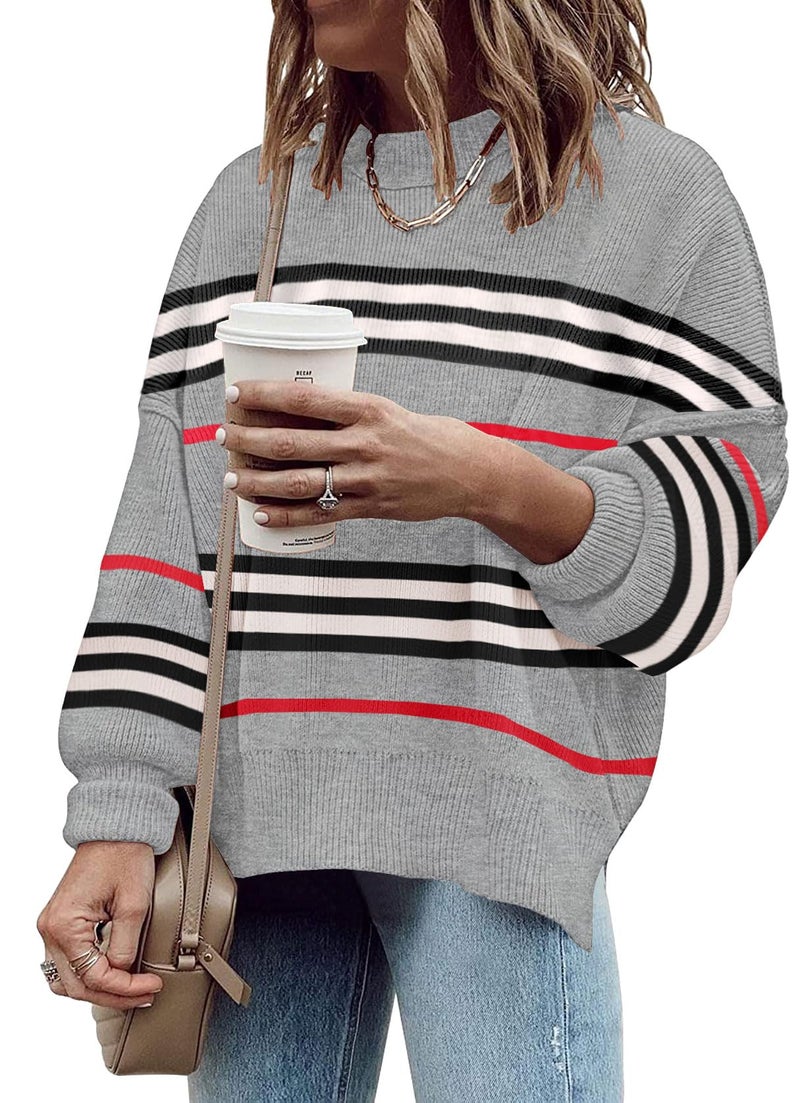 ETCYY Womens Sweaters Fall 2026 Batwing Long Sleeve Side Slit Knit Tops Crew Neck Striped Oversized Sweater Pullover,Color Gray,Large - Image 2