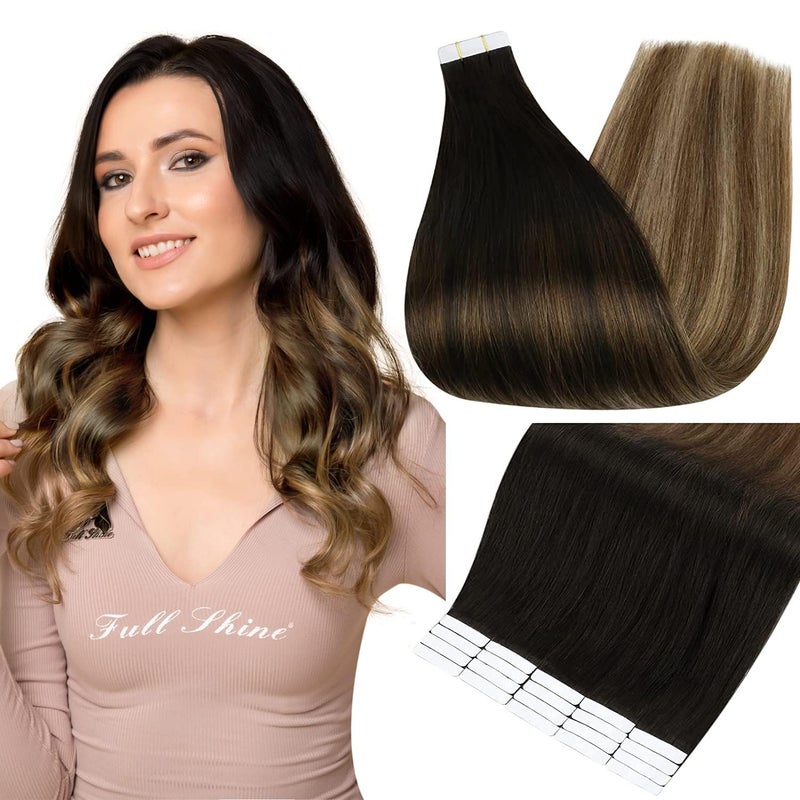 Fshine Full Shine Tape in Hair Extensions Human Hair Color 1B Off Black Fading to 6 Brown and 27 Honey Blonde Balayage 12 Inch Invisible Double Sided Remy Human Hair Extensions Tape in 20PCS 30g for Women - Image 1