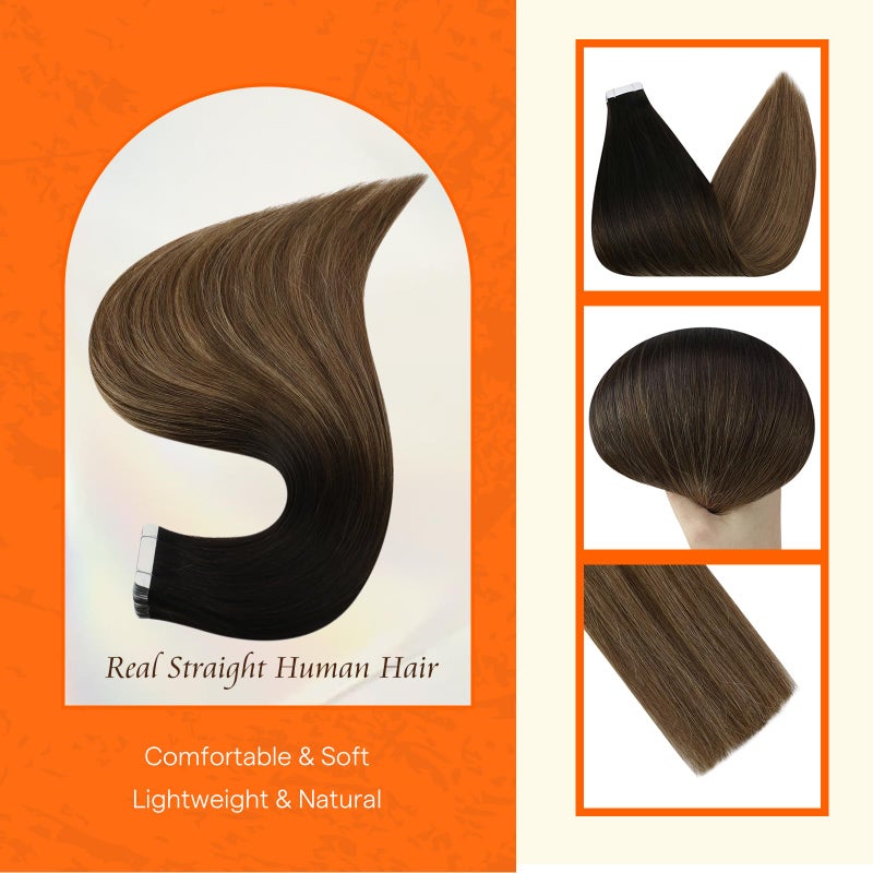 Fshine Full Shine Tape in Hair Extensions Human Hair Color 1B Off Black Fading to 6 Brown and 27 Honey Blonde Balayage 12 Inch Invisible Double Sided Remy Human Hair Extensions Tape in 20PCS 30g for Women - Image 2
