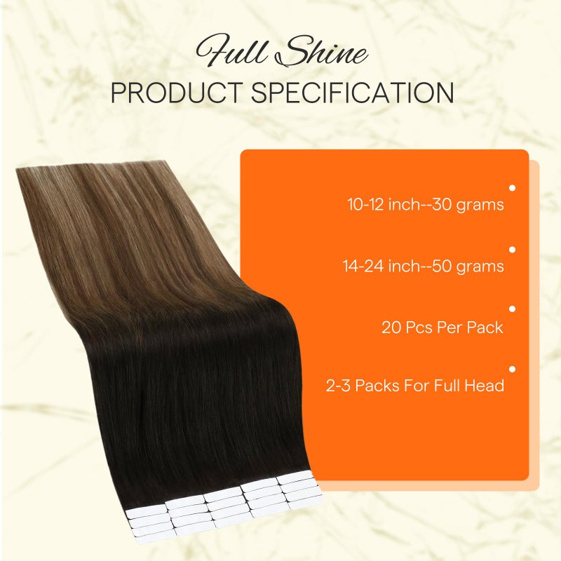 Fshine Full Shine Tape in Hair Extensions Human Hair Color 1B Off Black Fading to 6 Brown and 27 Honey Blonde Balayage 12 Inch Invisible Double Sided Remy Human Hair Extensions Tape in 20PCS 30g for Women - Image 3