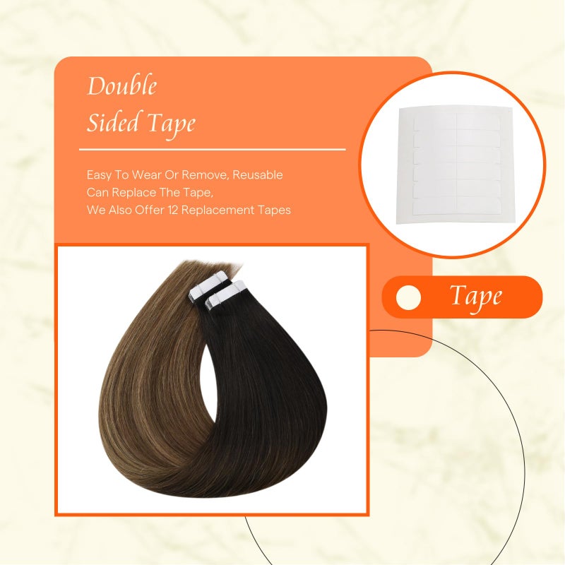Fshine Full Shine Tape in Hair Extensions Human Hair Color 1B Off Black Fading to 6 Brown and 27 Honey Blonde Balayage 12 Inch Invisible Double Sided Remy Human Hair Extensions Tape in 20PCS 30g for Women - Image 4
