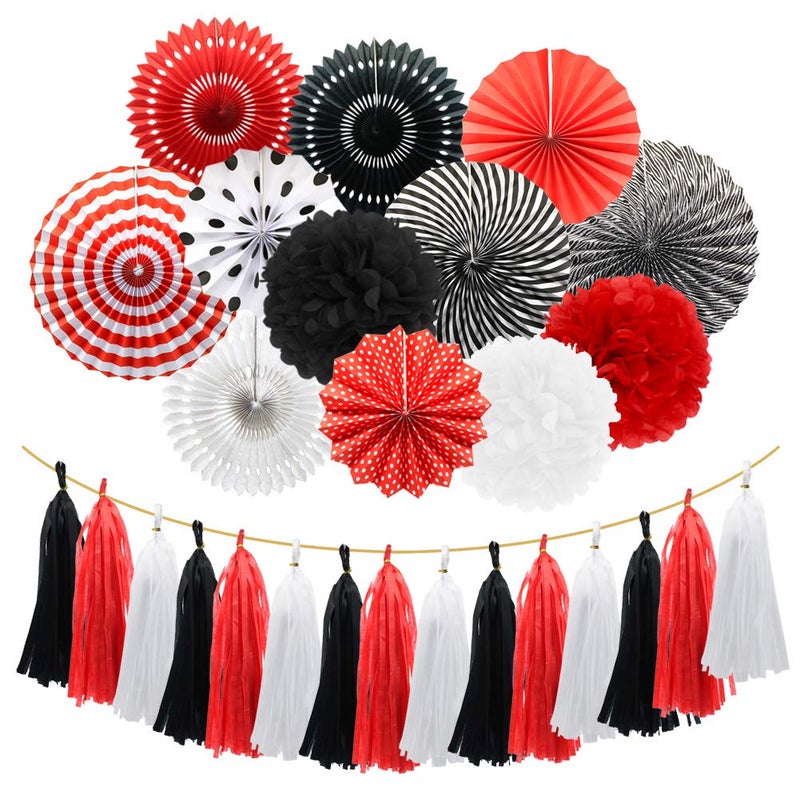 Meiduo Mouse Ladybug Pirate Birthday Party Decorations Red White Black Hanging Paper Fans Pom Poms Flowers Tissue Tassel Garland for BBQ Graduation Retirement Halloween