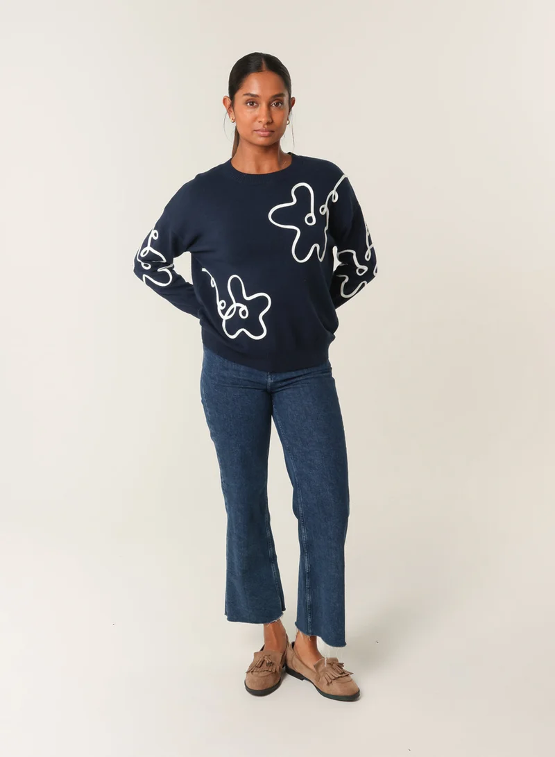Blue Vanilla Floral Pattern Sweater