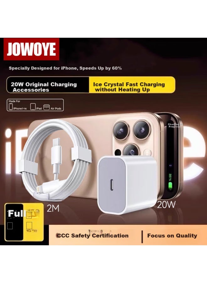 Jowoye Apple Iphone Charger 20w Fast Charging Kit With Flat Charging Cable For Iphone 14/13/12 Pro Max/ipad Air/mini/8 Plus, 2m Data Cable - Image 1