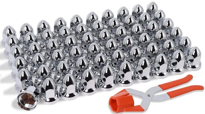33mm Lug Nut Covers Push on for Semi Trucks ABS Plastic Bullet Flanged 212 Height Caps with 33 mm Chrome Nut Cover Puller 60 Pack