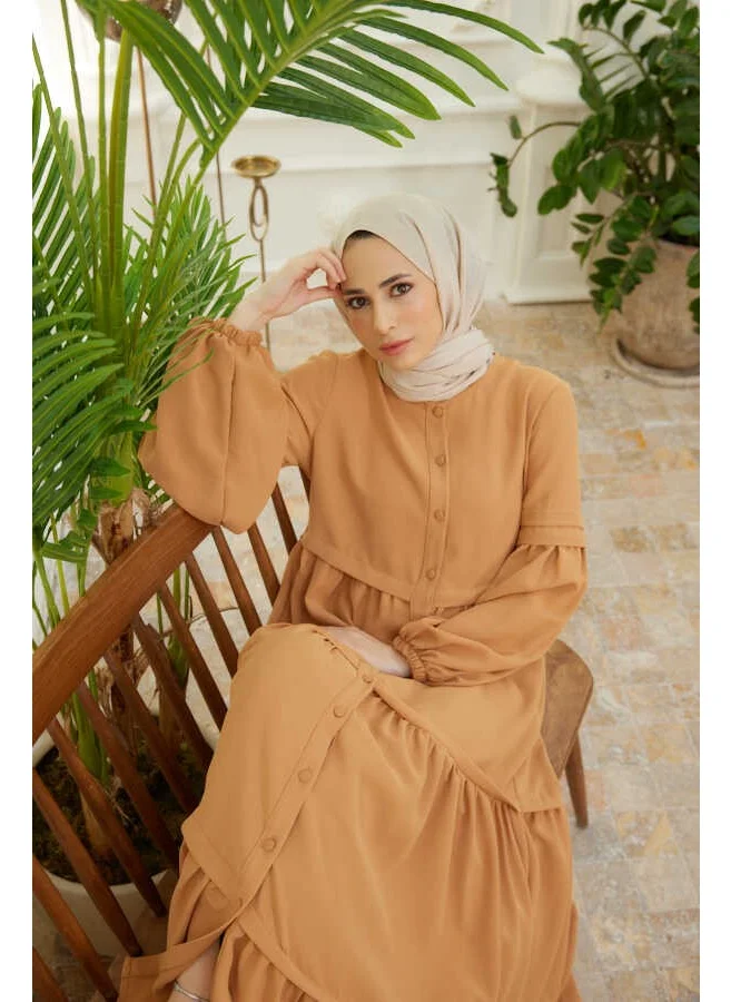 Neways 6549-BERLIN Buttoned Gathered Abaya Camel