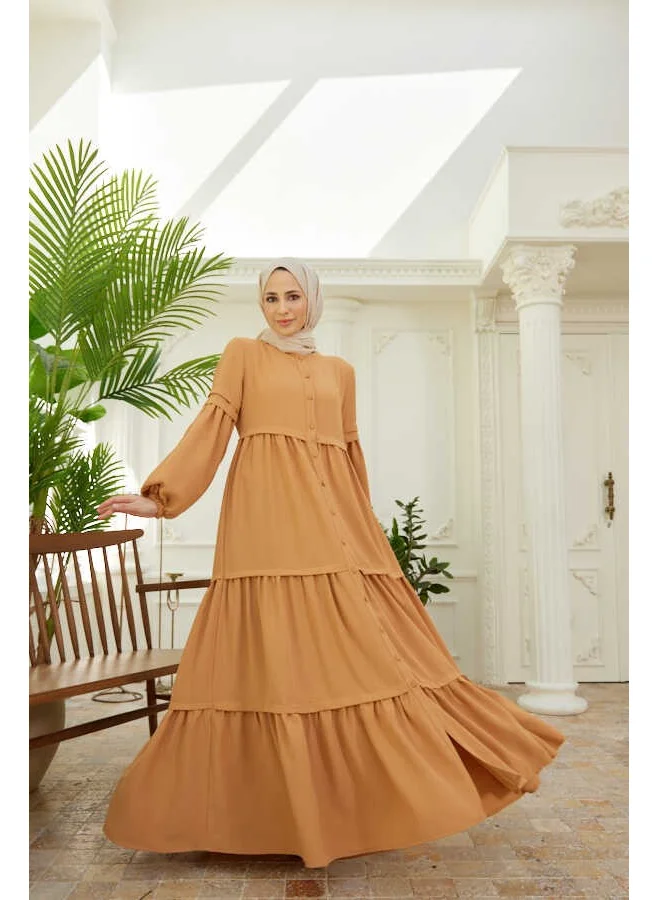 Neways 6549-BERLIN Buttoned Gathered Abaya Camel