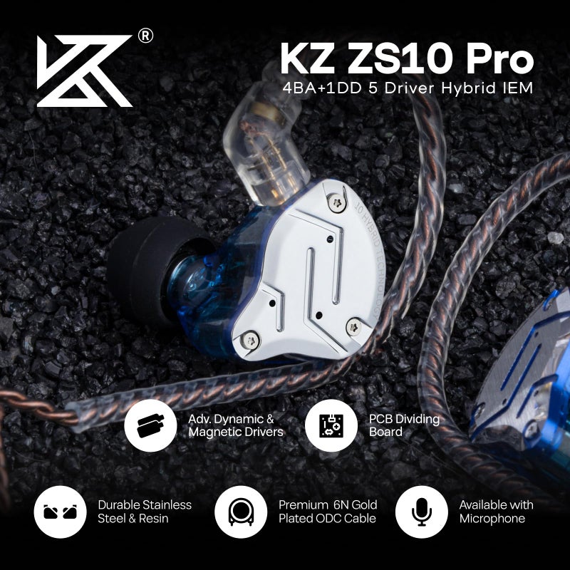 Linsoul KZ ZS10 Pro, 4BA+1DD 5 Driver in Ear Monitor, HiFi Wired Earbuds, Gaming Earbuds, Hybrid IEM Earphones with Stainless Steel Faceplate, Detachable Cable for Musician (with Mic, Blue) - Image 4