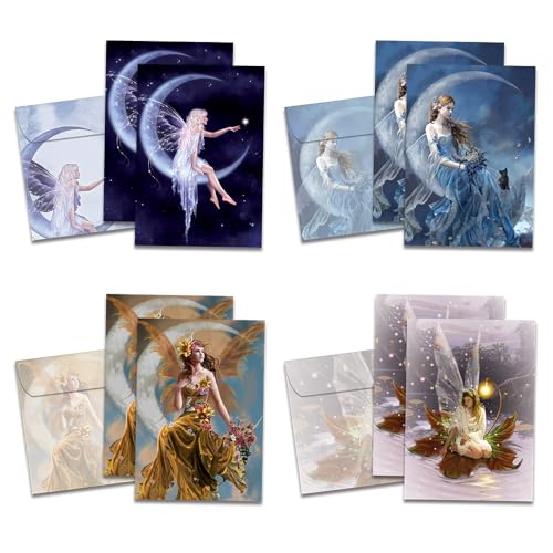 Tree-Free Greetings Moonlight Fairy All Occasion Cards - 8 Recycled 5x7 Cards & Matching Envelopes, Thick Cardstock, Sustainably Made in USA - Assorted Fairy Designs - Image 1