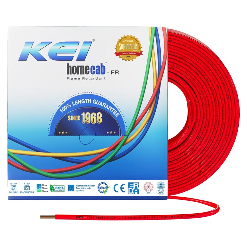 KEI WIRES CABLES Homecab 15 sqmm 1 Core Copper Flame Retardant House Wire PVC Insulated Cable for Domestic Industrial Electrical Wiring Red 90 Meters - Image 1
