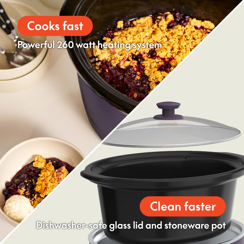 bella 6.0 Qt Manual Slow Cooker, Ceramic Nonstick Coating, 3 Temperature Settings, Dishwasher Safe Stoneware Pot and Tempered Glass Lid, Cool Touch Handles & Tangle Free Cord Wrap, Plum - Image 3