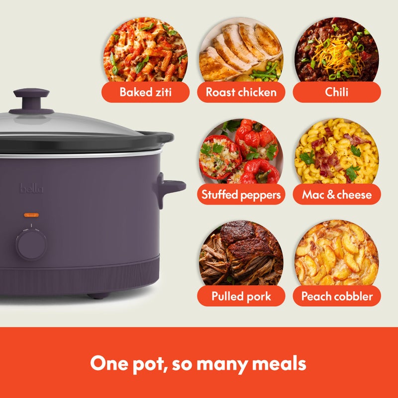 bella 6.0 Qt Manual Slow Cooker, Ceramic Nonstick Coating, 3 Temperature Settings, Dishwasher Safe Stoneware Pot and Tempered Glass Lid, Cool Touch Handles & Tangle Free Cord Wrap, Plum - Image 4